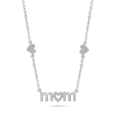.12ctw. Brilliant-Cut "Mom" Nameplate with Heart Stations Necklace in Sterling Silverr