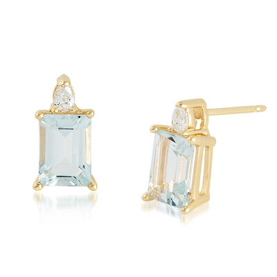 Emerald-Cut Aquamarine & Lab Grown Diamond Earrings in 10k Yellow Gold