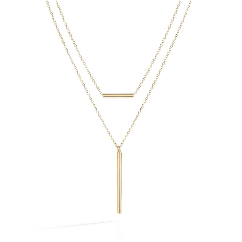 Layered Vertical & in Necklace Yellow Gold Bar Horizontal 14k