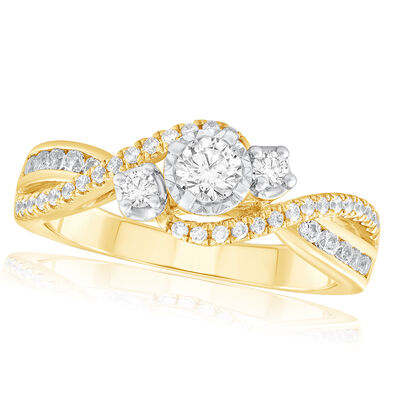 Gia. Brilliant-Cut 5/8ctw. Diamond Three-Stone Twist Engagement Ring in 14k Yellow Gold