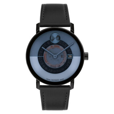 Movado BOLD Men's Evolution 2.0 Skeleton Black IP Blue Skeleton Dial Black Leather Strap 40mm Watch 3601227