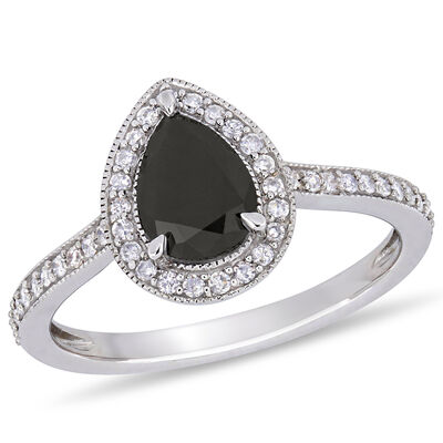 1 1/4ctw. Black & White Diamond Beaded Halo Engagement Ring in 10k White Gold