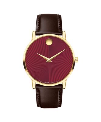 Movado Men's Museum Classic Yellow Gold PVD Burgundy Dial Leather Strap 40mm Watch 0607801