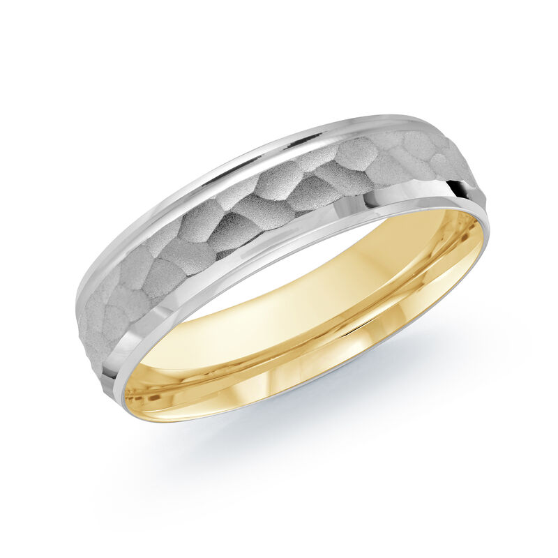 Men's Hammered Finish Design 6mm Wedding Band in 14k Yellow & White Gold image number null