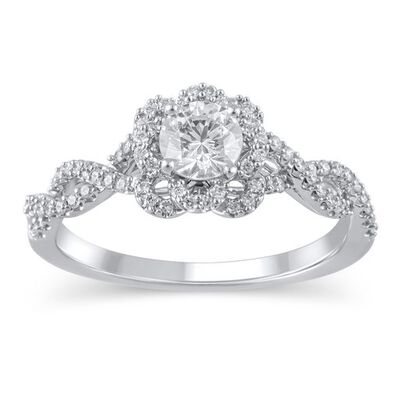 Brilliant-Cut 5/8ctw. Floral Halo Twist Shank Engagement Ring in 14k White Gold