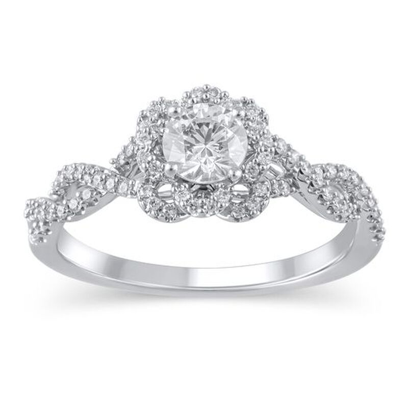 Brilliant-Cut 5/8ctw. Floral Halo Twist Shank Engagement Ring in 14k White Gold image number null