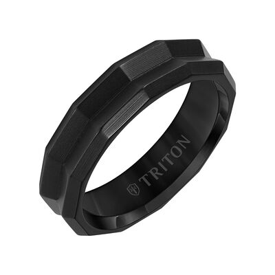 Triton Men's 6mm Black Titanium Comfort Fit Wedding Band with Sandblasted Finish and Faceted Beveled