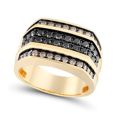 Brilliant-Cut 1 1/2ctw. Diamond Black and CHampagne Men's Ring in 10k Yellow Gold