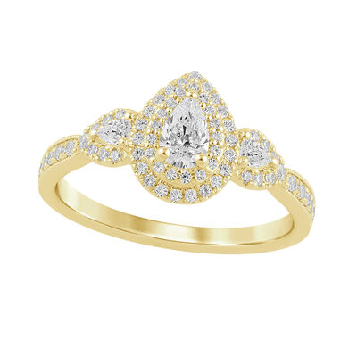 Pear-Shaped 5/8ctw. Diamond Halo Naturally Yours Three-Stone Plus Engagement Ring in 14k Yellow Gold