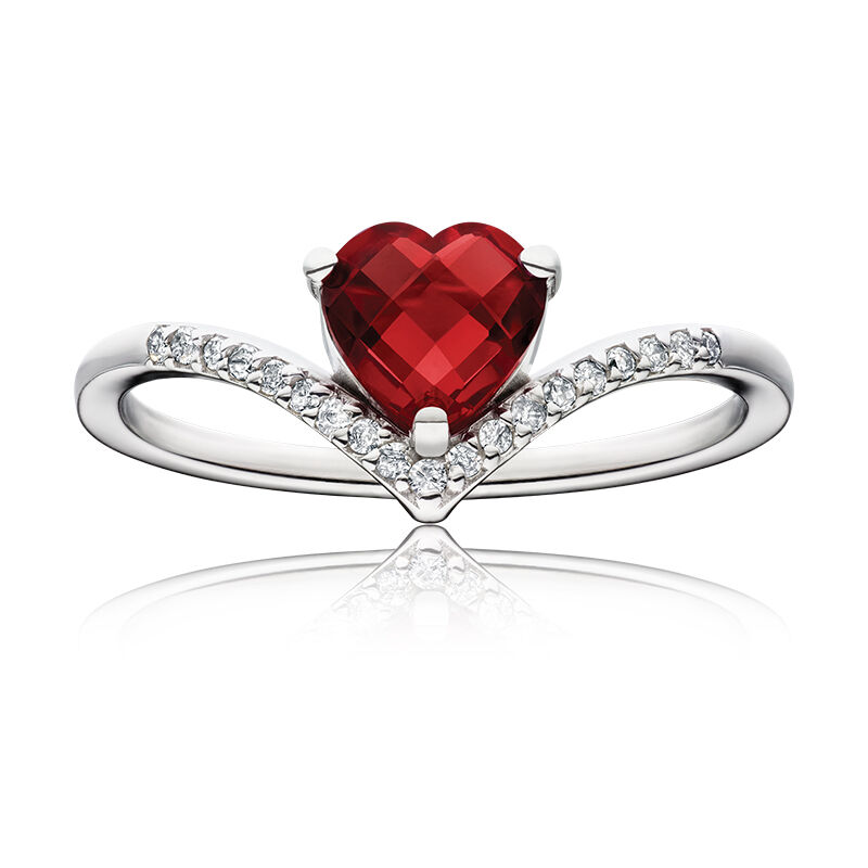Heart-Shaped Created Ruby & Diamond Chevron Ring in Sterling 