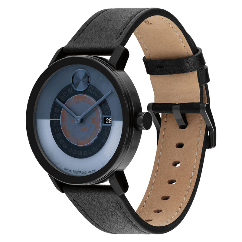 Movado BOLD Men's Evolution 2.0 Skeleton Black IP Blue Skeleton Dial Black Leather Strap 40mm Watch 3601227 image number null