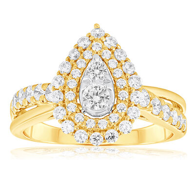 Brilliant-Cut 1ctw. Diamond Pear-Shaped Halo Composite Engagement Ring in 10k Two-Tone Gold