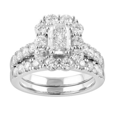 Radiant-Cut Lab Grown 3ctw. Diamond Halo Engagement Ring Set in 14k White Gold