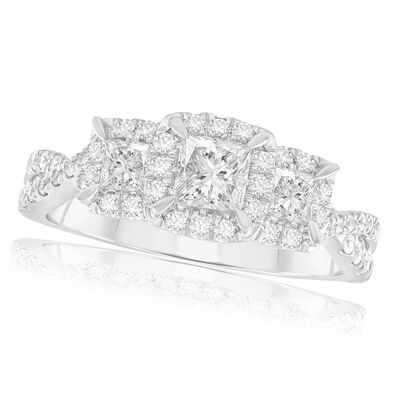Princess-Cut 1ctw. Diamond Three-Stone Plus Halo Twist Engagement Ring in 14k White Gold