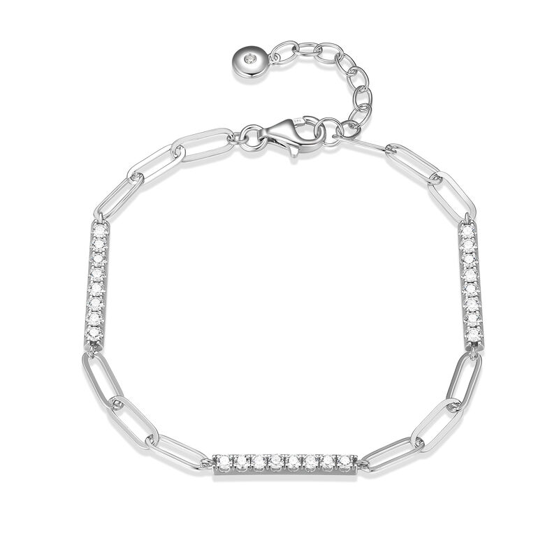 7.5" Paper Clip and Cubic Zirconia Station Bar Bracelet in Sterling Silver Rhodium Plate image number null