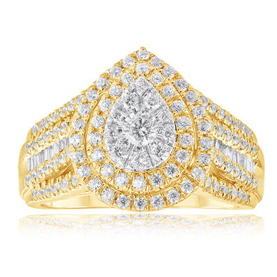 Brilliant-Cut Pear-Shaped 1ctw. Diamond Composite Double Halo Engagement Ring in 10k Two-Tone Gold