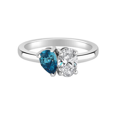 Blue Pear-Shaped & Oval Lab Grown 1ctw. Diamond Toi Et Moi Two-Stone Engagement Ring in 14k White Gold