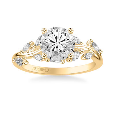 Sarina. ArtCarved Round Diamond Engagement Ring Setting with Marquise-Cut Diamonds in 14k Yellow Gold