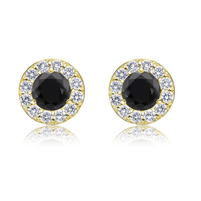 Black & White 1ct. Diamond Halo Stud Earrings in 14k Yellow Gold