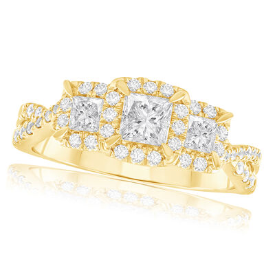 Princess-Cut 1ctw. Diamond Three-Stone Plus Halo Twist Engagement Ring in 14k Yellow Gold