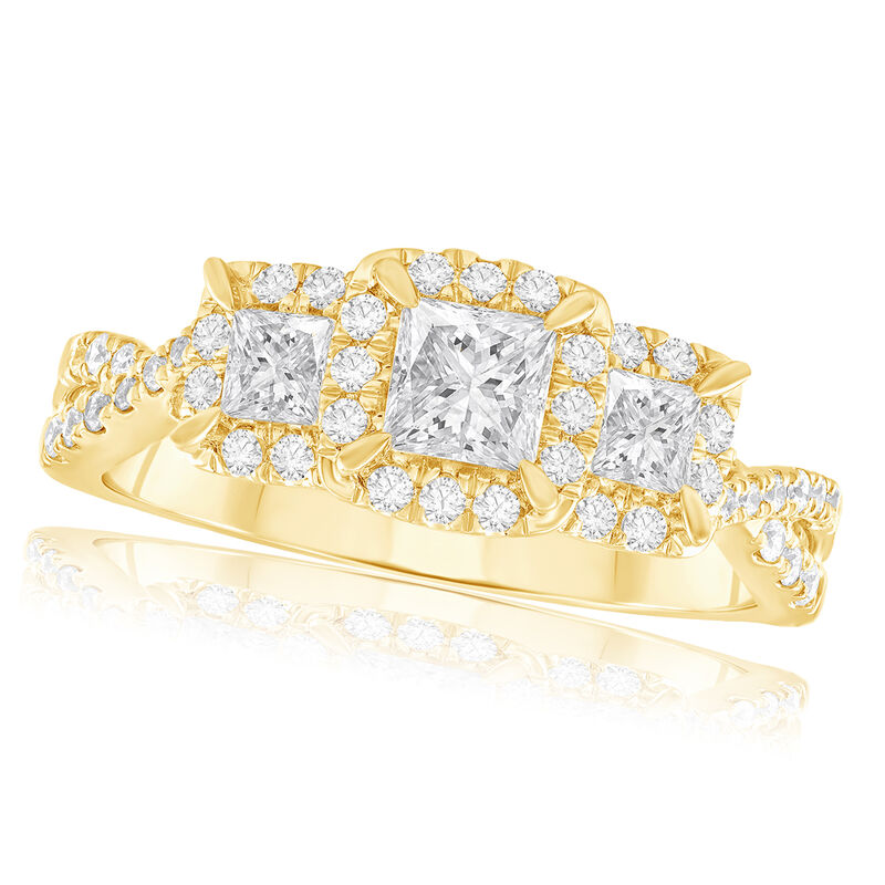 Princess-Cut 1ctw. Diamond Three-Stone Plus Halo Twist Engagement Ring in 14k Yellow Gold image number null