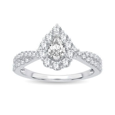 Darby. Pear-Shaped Lab Grown 1ctw. Diamond Halo Twist Engagement Ring in 10k White Gold