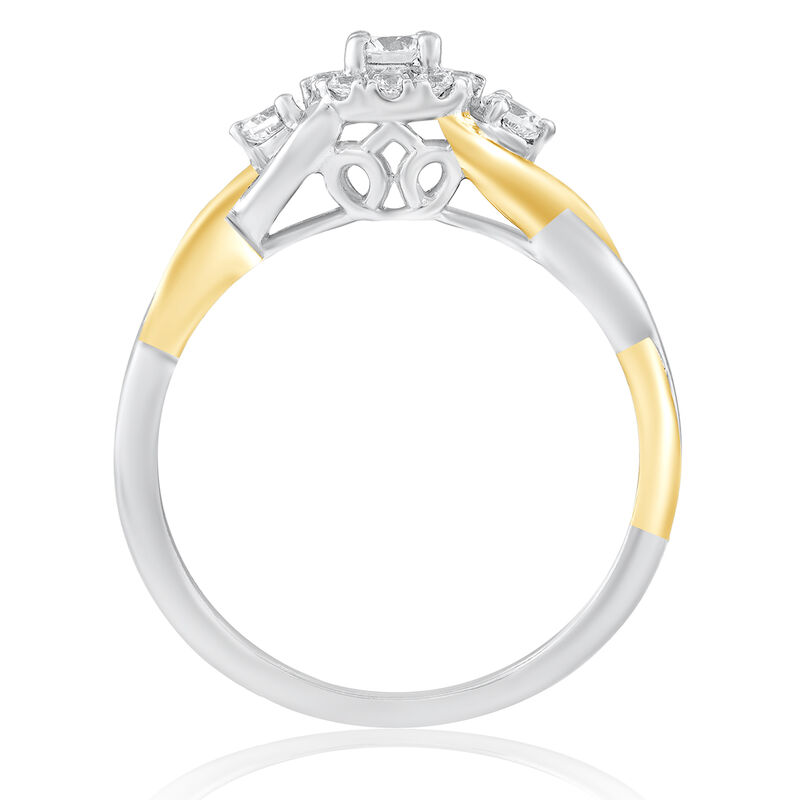 Brilliant-Cut 3/8ctw. Diamond Three-Stone Halo Twist Engagement Ring in 14k Two-Tone Gold image number null