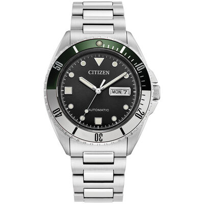 Citizen Men's GTS Sport Luxury Automatic Green White Bezel Black Dial Bracelet 42mm Watch in Stainless Steel NH7531-50E