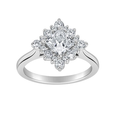 Princess-Cut Lab Grown 1.2ctw. Diamond Kite-Set Halo Engagement Ring in 14k White Gold