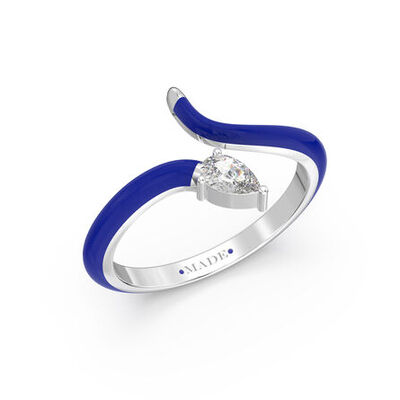 Pear-Shaped Lab Grown Diamond Dark Blue Ceramic Open Style Ring in Sterling Silver