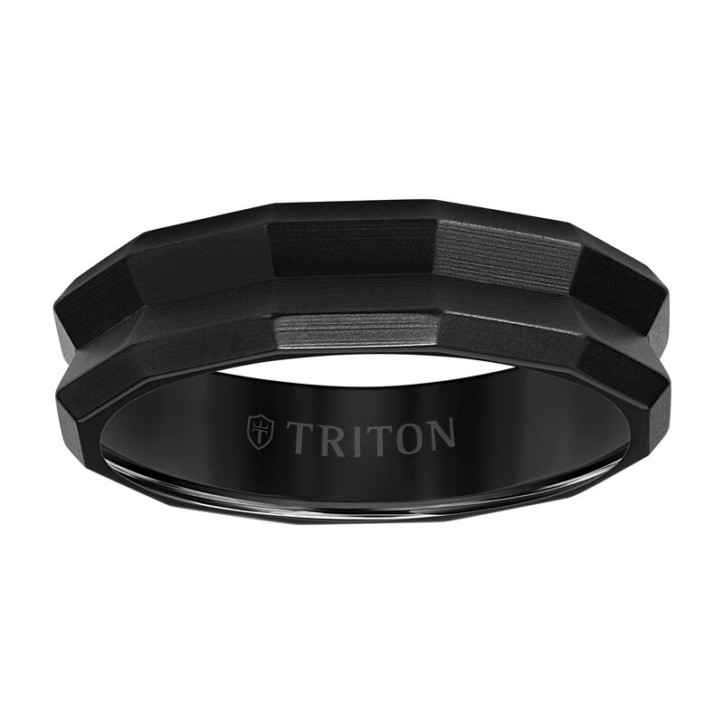 Triton Men's 6mm Black Titanium Comfort Fit Wedding Band with Sandblasted Finish and Faceted Beveled image number null