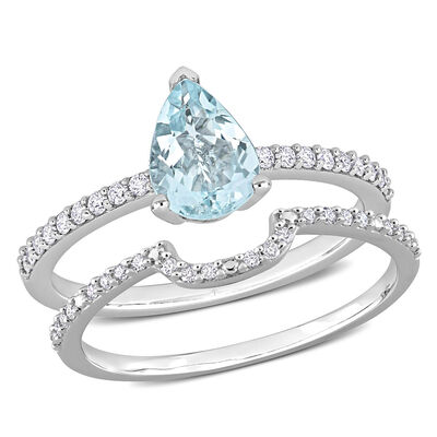 Pear-Shaped Aquamarine & Diamond Bridal Set in 14k White Gold