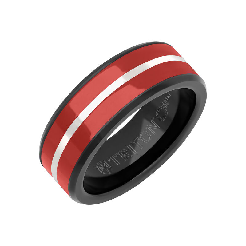 Triton Men's 8mm Red Ceramic Inlay and Black & White Tungsten Carbide Band image number null