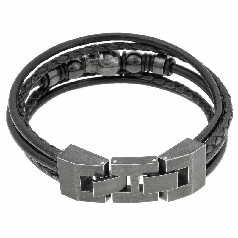 Men's Stainless Steel Skull Black Leather Rope Bracelet