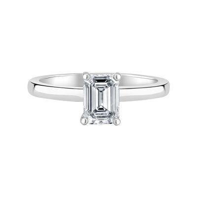 Emerald-Cut Lab Grown 1ct. FG VS Diamond Ribbon Halo Solitaire Engagement Ring in 14k White Gold