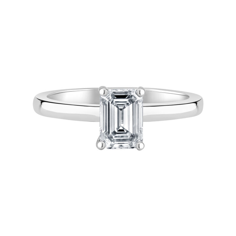 Emerald-Cut Lab Grown 1ct. FG VS Diamond Ribbon Halo Solitaire Engagement Ring in 14k White Gold image number null