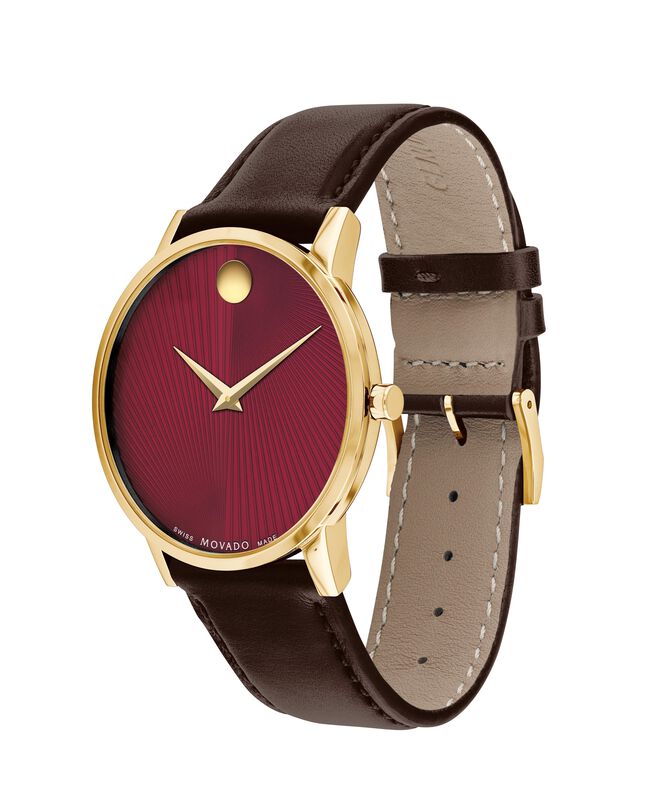 Movado Men's Museum Classic Yellow Gold PVD Burgundy Dial Leather Strap 40mm Watch 0607801 image number null