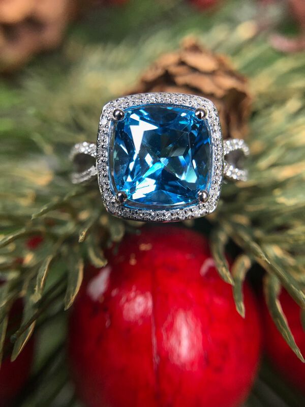 JK Crown Blue Topaz & Diamond Halo Cocktail Ring image number null