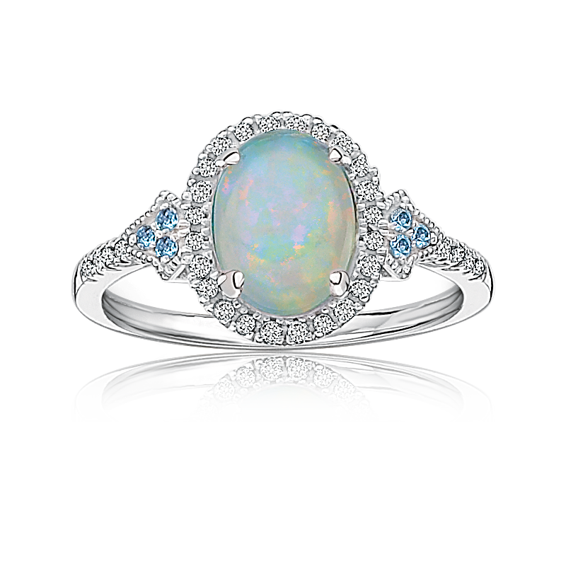 Oval Created Opal & Diamond Ring in 10k White Gold