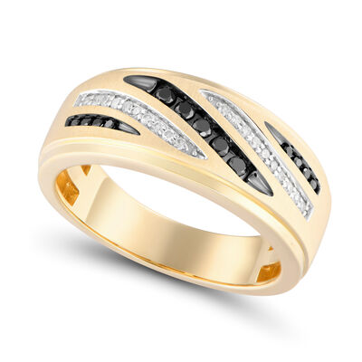 Brilliant-Cut 1/4ctw. Diamond Black and White Bypass Men's Ring in 10k Yellow Gold