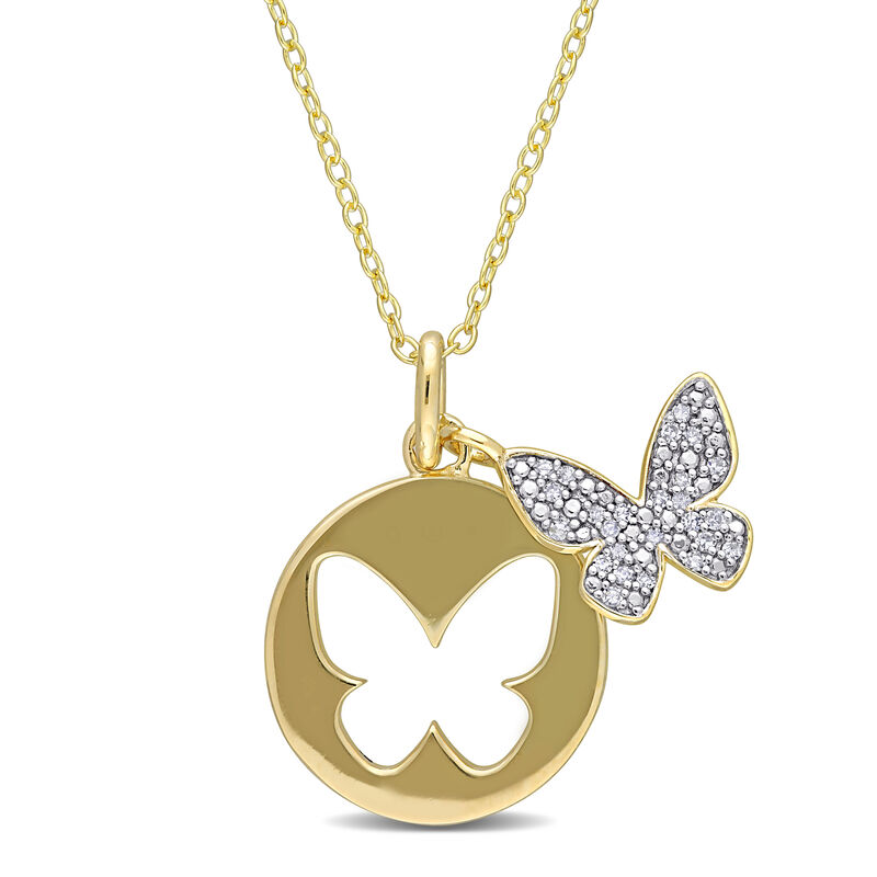 Diamond Double Butterfly Cut-Out Pendant in Gold Plated Sterling Silver image number null
