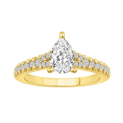 Pear-Shaped Lab Grown 1 1/4ctw. Diamond Split Shank Cathedral Engagement Ring in 14k Yellow Gold