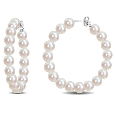 Ladies'6-6.5mm White Freshwater Cultured Pearl Hoop Earrings in Sterling Silver