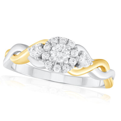 Brilliant-Cut 3/8ctw. Diamond Three-Stone Halo Twist Engagement Ring in 14k Two-Tone Gold