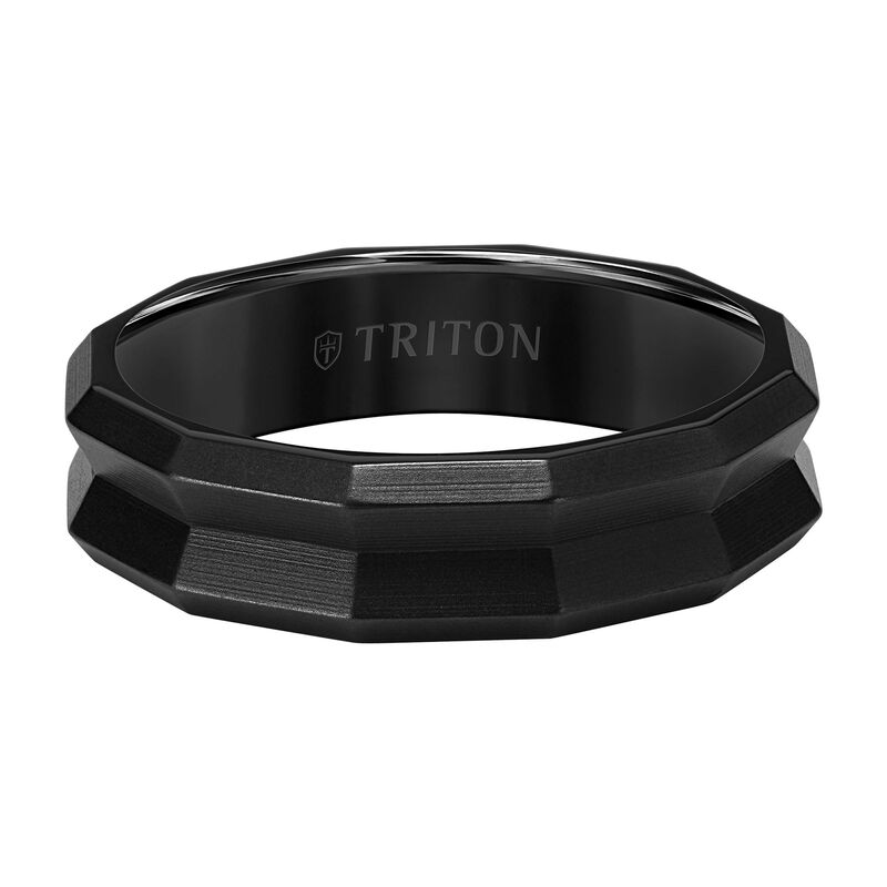 Triton Men's 6mm Black Titanium Comfort Fit Wedding Band with Sandblasted Finish and Faceted Beveled image number null