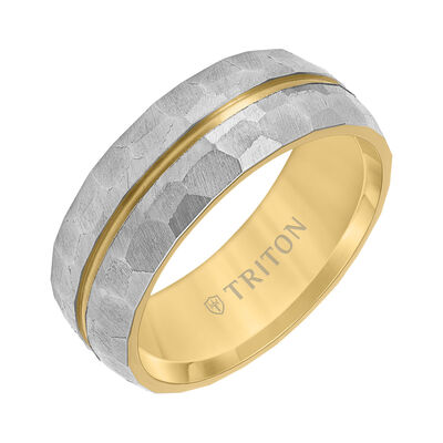 Triton Men's 8mm Faceted Grey Titanium Comfort Fit Wedding Band with Brushed Finish and Yellow PVD