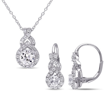 Brilliant-Cut Created White Sapphire Fashion Leverback Earrings & Pendant with Chain in Sterling Silver