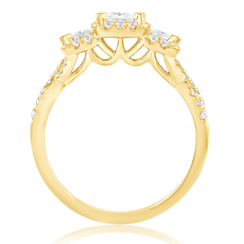 Princess-Cut 1ctw. Diamond Three-Stone Plus Halo Twist Engagement Ring in 14k Yellow Gold image number null