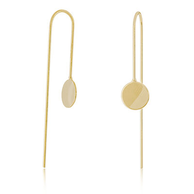 Flat Long Disc Wire Threaded Fashion Earrings in 14k Yellow Gold