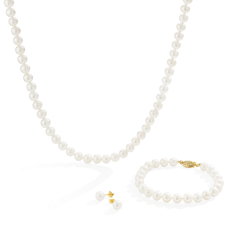 Freshwater Pearl Necklace, Bracelet 14k Yellow Jewelry Set with Clasps & Earrings Gold